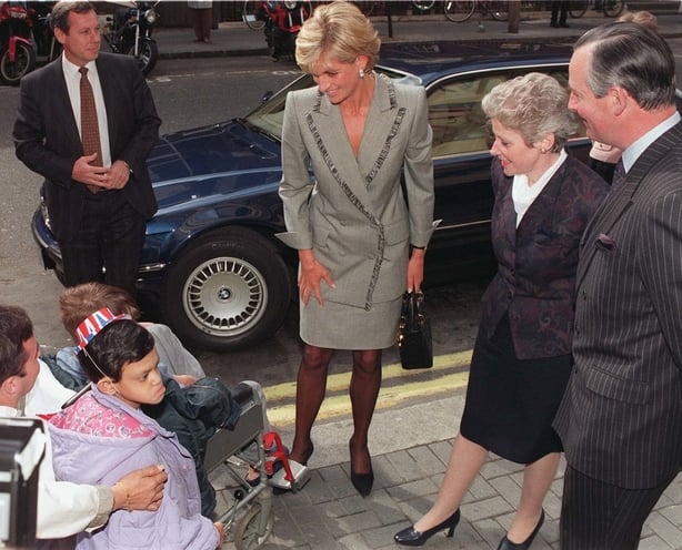 Diana, Princess of Wales, is greeted by youngsters on her arrival at St Mary's Hospital, Paddington, where she was visiting the Paediatric Intensive Care Unit today