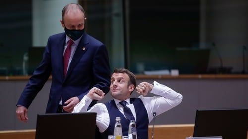 Micheál Martin and Emmanuel Macron at the European Council building in Brussels on 11 December