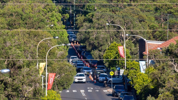 Cars are seen lining up at a Covid-19 pop-up testing drive-through station in Avalon, Sydney