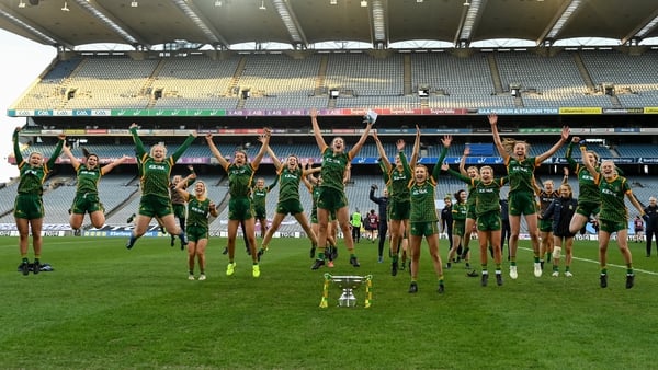 The victorious Meath team celebrate with the Mary Quinn Memorial Cup at HQ