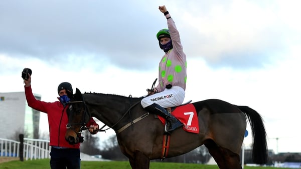 Patrick Mullins celebrates after riding Sharjah to victory in the Matheson Hurdle