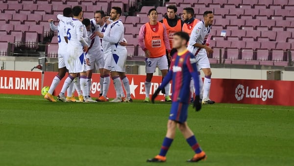 Enrique 'Kike' Garcia of SD Eibar is mobbed after his goal against Barcelona