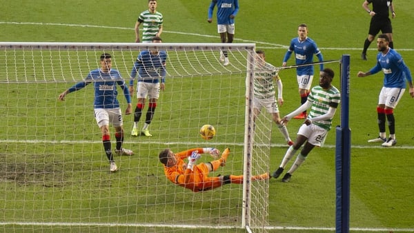 Odsonne Edouard sees his shot saved by Allan McGregor