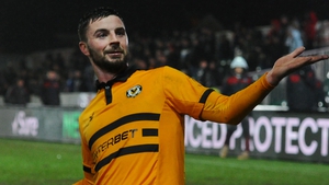 Padraig Amond of Newport County celebrates scoring his sides second goal during the FA Cup Fourth Round Replay match between Newport County and Middlesbrough