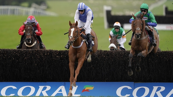 Harry Cobden riding Truckers Lodge (R) on their way to winning a Beginners Chase at Chepstow in 2019