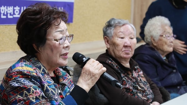 Former 'comfort women' Lee Yong-soo, Kil Won-ok and Lee Ok-seun pictured in 2019 (File image)