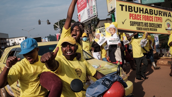 Supporters of incumbent Ugandan Presdent Yoweri Museveni celebrate in the streets of Kampala today
