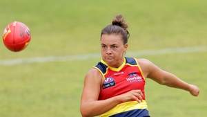 Ebony Marinoff kicks the ball during the AFLW pre-season match between the Adelaide Crows and Brid Stack's GWS Giants