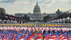 Flags line the National Mall in front of the US Capitol before the start of the inauguration