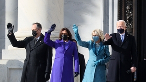 Doug Emhoff, Vice President-elect Kamala Harris, Jill Biden and President-elect Joe Biden arrive on the East Front of the US Capitol