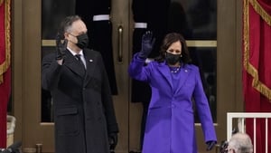 Vice President-elect Kamala Harris and husband Doug Emhoff arrive for the inauguration