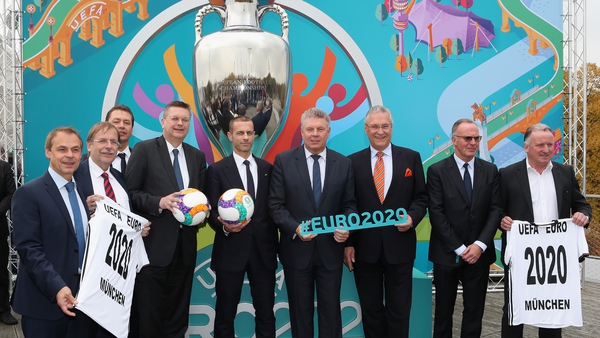 Aleksander Ceferin (fifth from the right) and Karl-Heinz Rummenigge (second from right) at Germany's launch for the tournament in 2016