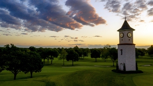 The clocktower at Southern Hills Country Club