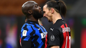 AC Milan's Zlatan Ibrahimovic (R) squares up to Inter's Romelu Lukaku
