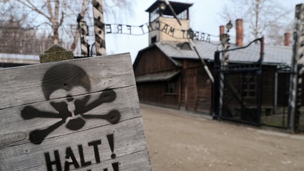 A view of the main gate of Auschwitz