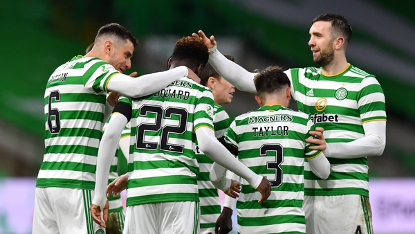 Odsonne Edouard is congratulated by Celtic team-mates Nir Bitton, Greg Taylor and Shane Duffy