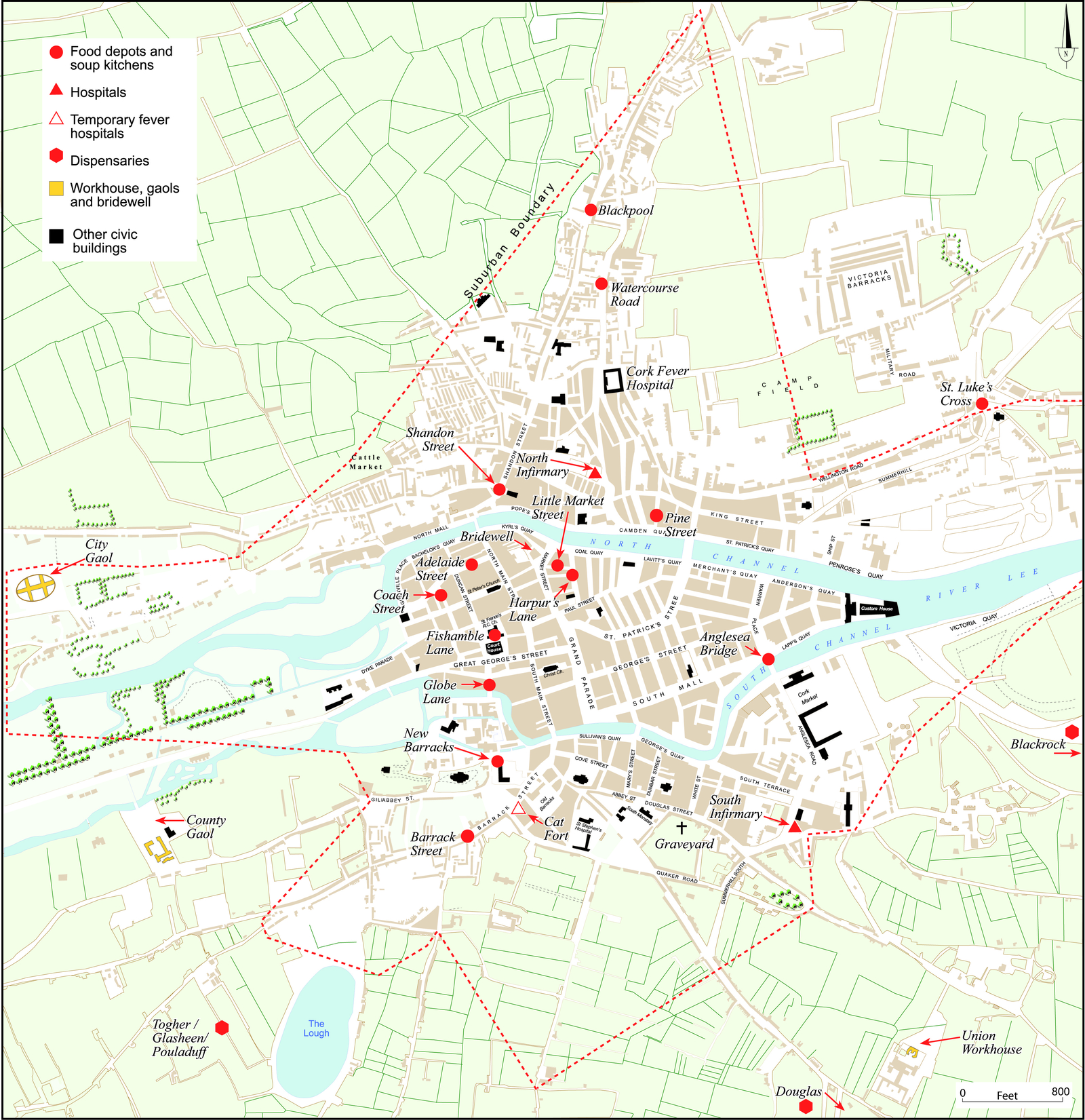 Image - Location of medical and relief facilities and burial grounds in Cork City during the Famine. Map taken from the Atlas of the Great Irish Famine edited by John Crowley, William J. Smyth and Mike Murphy
