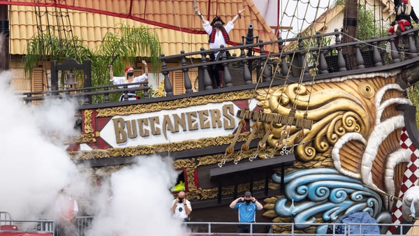 The pirate ship of the Tampa Bay Buccaneers celebrates a score with cannon fire