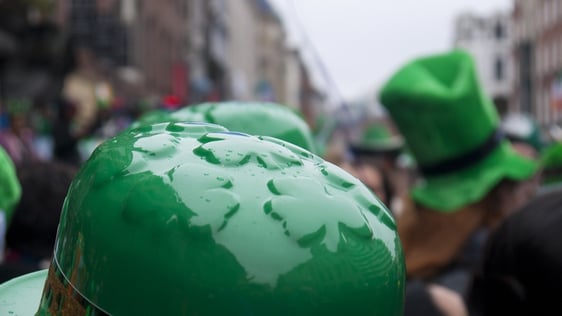 Revellers celebrating St. Patrick;s Day Parade, Dame Street, Dublin 2.