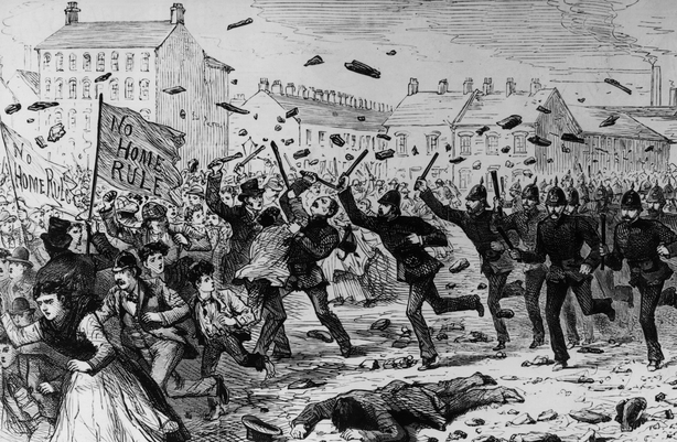 June 1886: Police charging demonstrators in the Brickfields during the Belfast riots of 1886. The crowd are carrying banners reading, 'No Home Rule'. Original Publication: Illustrated London News - Belfast Riots 1886 - pub. 1886 (Photo by HultonArchive/Illustrated London News/Getty Images)