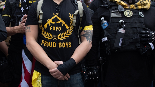 Proud Boys march in support of then-president Donald Trump in Washington, DC in December 2020
