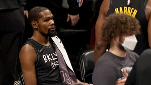 Kevin Durant reacts as he sits during a time out against the Toronto Raptors