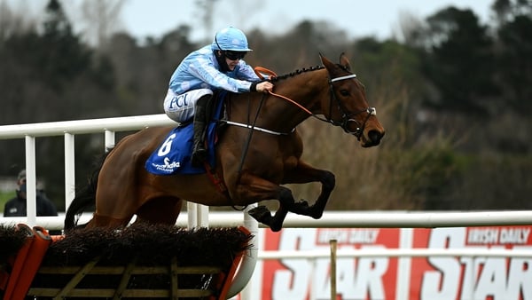 Rachael Blackmore and Honeysuckle clear the final flight at Leopardstown