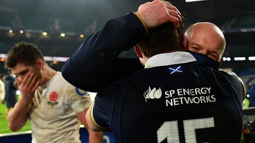Gregor Townsend, Head Coach of Scotland celebrates with Stuart Hogg