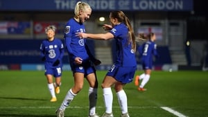 Pernille Harder celebrates Chelsea's opener with Fran Kirby