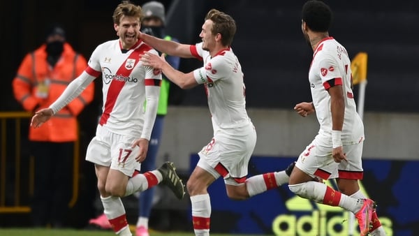 Southampton players celebrate after Stuart Armstrong's late goal sealed a 2-0 victory