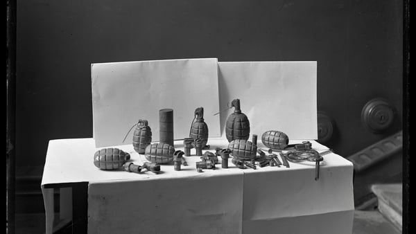 Bombs found by the British Auxiliaries in an IRA bomb factory at Heron and Lawless bicycle shop on Dublin's Parnell Street in December 1920. Photo: Joseph Cashman/RTÉ Cashman Collection/RTÉ Stills Library