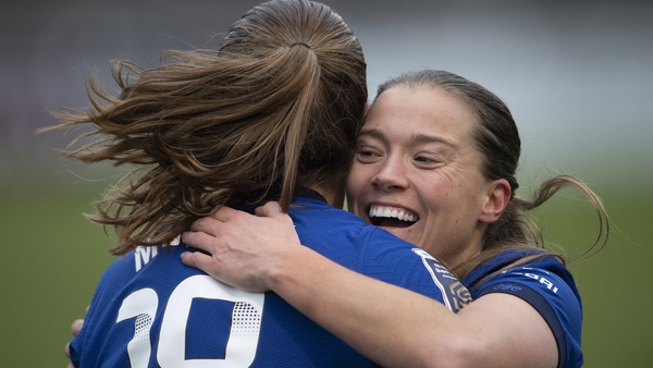 Fran Kirby of Chelsea (R) celebrates scoring her first of two goals with team-mate Maren Mjelde.