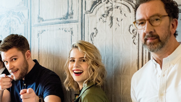 (L-R) Jack Reynor, Lucy Boynton and John Carney, pictured here promoting Sing Street in New York in April 2016