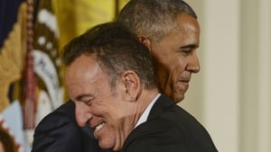 Barack Obama hugs Bruce Springsteen prior to presenting him with the 2016 Presidential Medal Of Freedom