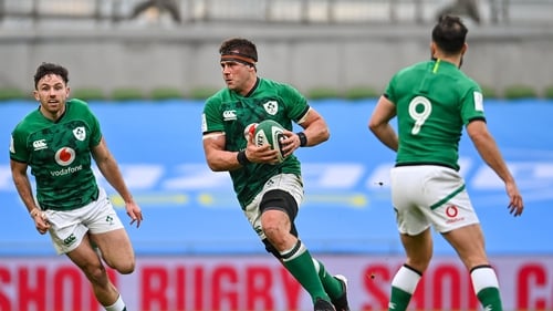CJ Stander, right, and Hugo Keenan in action against France