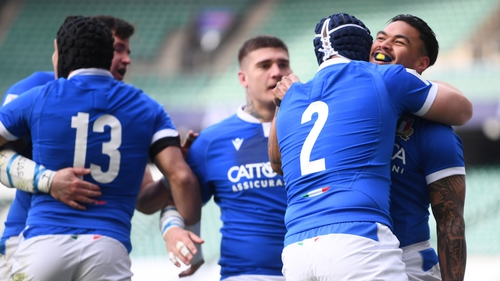 Monty Ioane of Italy is congratulated by Luca Bigi after his try at Twickenham