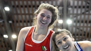 Aoife O'Rourke, left, and Sennur Demir of Turkey following their women's middleweight quarter-final