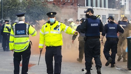 Members of An Garda Siochana at an anti-lockdown protest in Dublin in February 2020