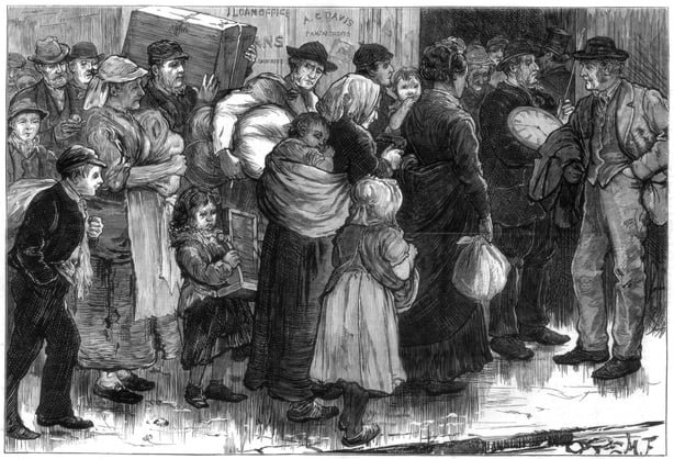 People queuing at a pawn shop in the 1870s
