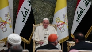 Pope Francis attends a meeting with authorities, civil society and the diplomatic corps in the hall of the Presidential palace in Baghdad