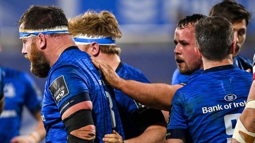 Michael Bent is congratulated by Leinster team-mates after his try against Ulster