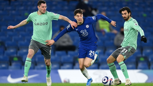 Kai Havertz battles for the ball with Everton's Michael Keane at Stamford Bridge