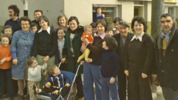 People in Coachford gather to pose for the cameras during filming for Hall's Pictorial Weekly (1976)