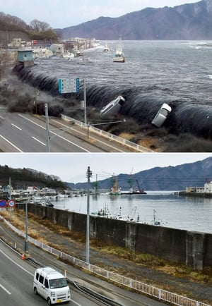 The tsunami overtopped an embankment and flowed into the city of Miyako, causing widespread devastation