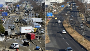 Roads once covered with vehicles and debris are now clear in Tagajo, Miyagi prefecture