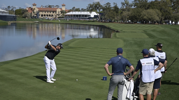 Shane Lowry tees off on the 18th hole at TPC Sawgrass