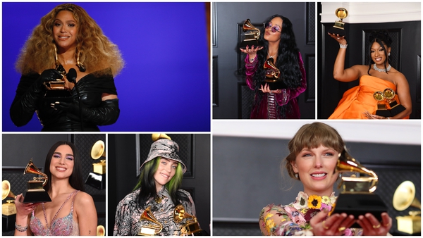 Female artists take top prizes (clockwise) Beyoncé, H.E.R., Megan Thee Stallion, Taylor Swift, Billie Eilish and Dua Lipa / Images: Getty