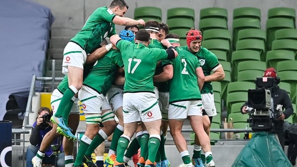 Ireland celebrate Jack Conan's try