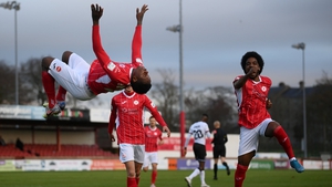 Romeo Parkes in celebratory mode for Sligo Rovers but he is missing tonight due to suspension