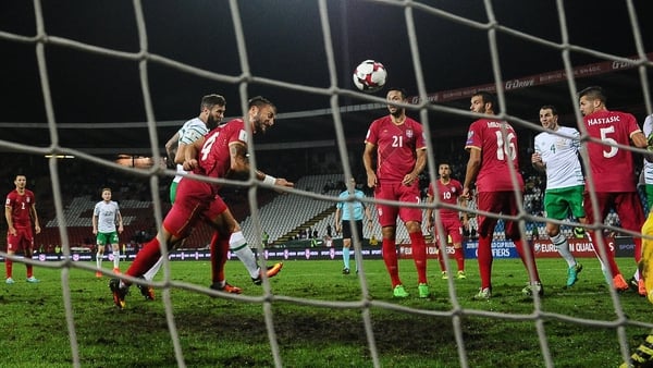 Daryl Murphy heading home the equaliser in Serbia in September 2016